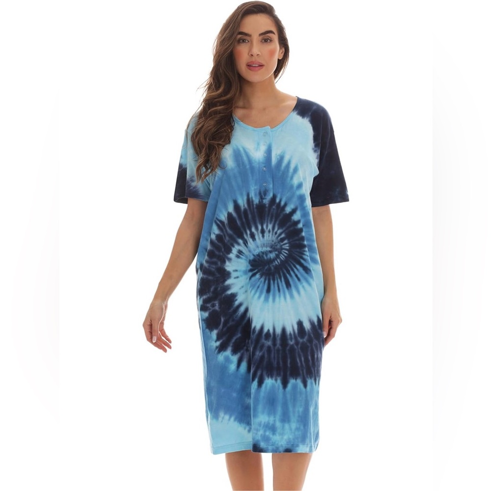 100% Cotton Shades of Blue Tie-dyed Comfy nightgown women’s boho Sleepwear XL